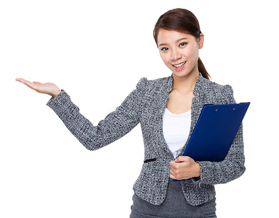 Businesswoman with clipboard and open hand palm